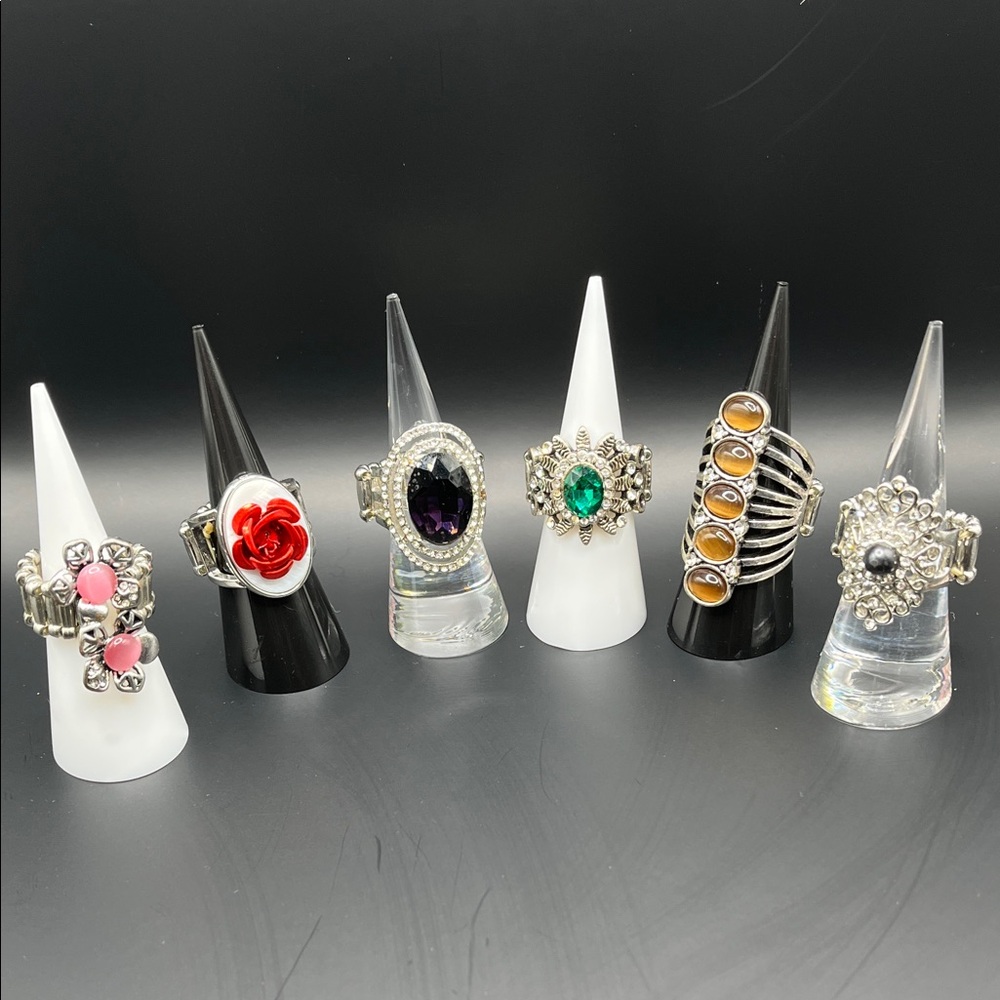 6 Stretchy Women's Silver Ring Set with Multicolor Gemstones